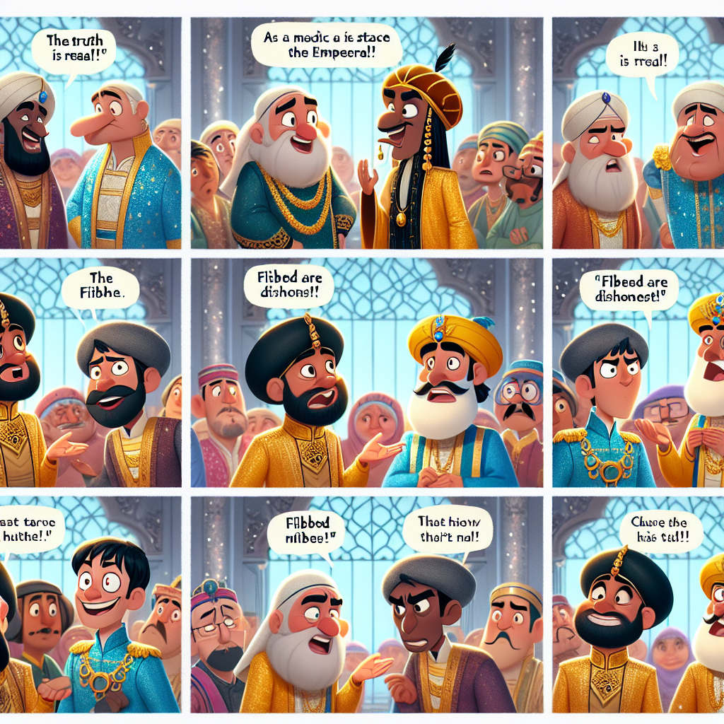 Colorful cartoon storyboard showing 8 key scenes from The The The The Four Fingers of Truth