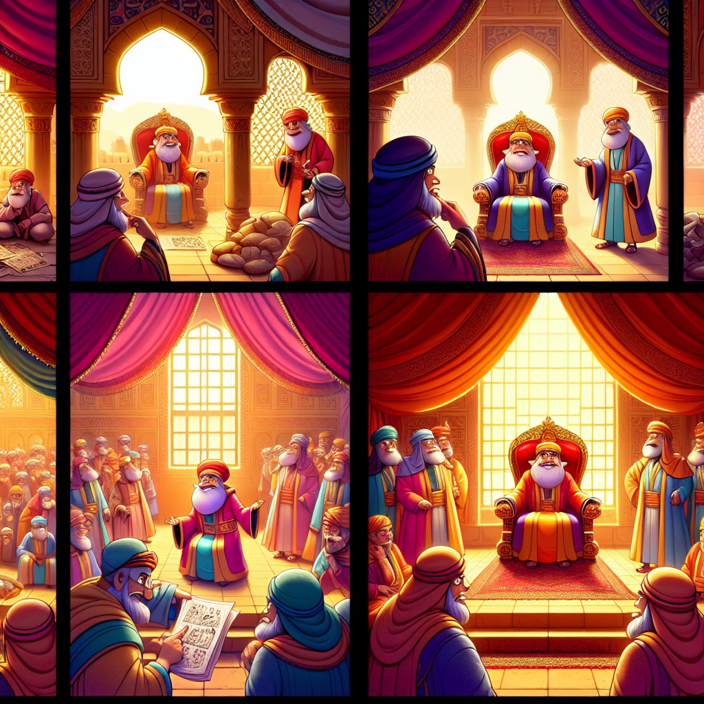 Colorful cartoon storyboard showing 8 key scenes from God, the Just King