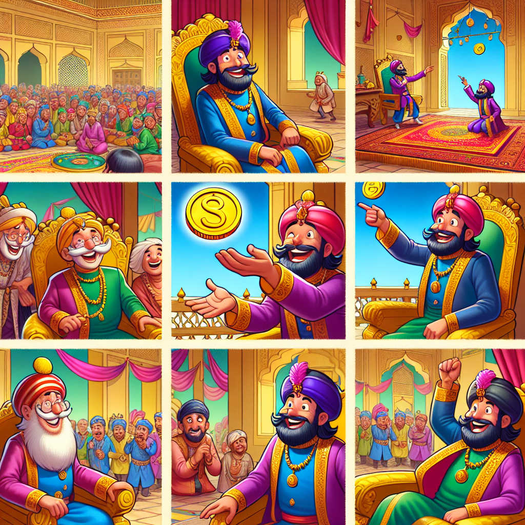 Colorful cartoon storyboard showing 8 key scenes from The Gold Coin
