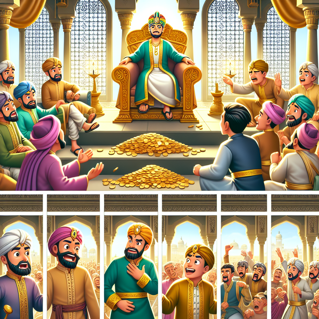 Colorful cartoon storyboard showing 8 key scenes from The Choice of Justice