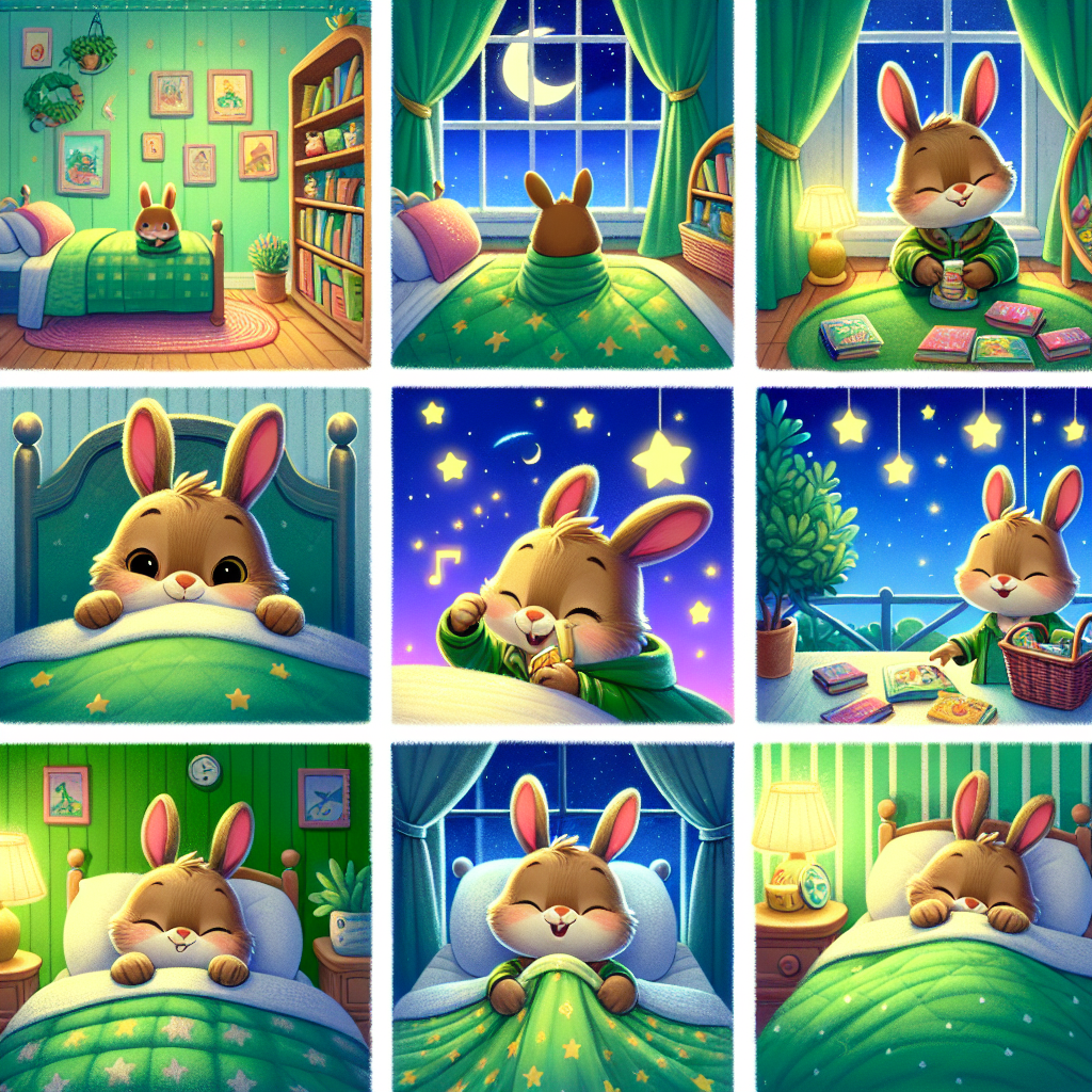 Colorful cartoon storyboard showing 8 key scenes from Goodnight, Little Bunny