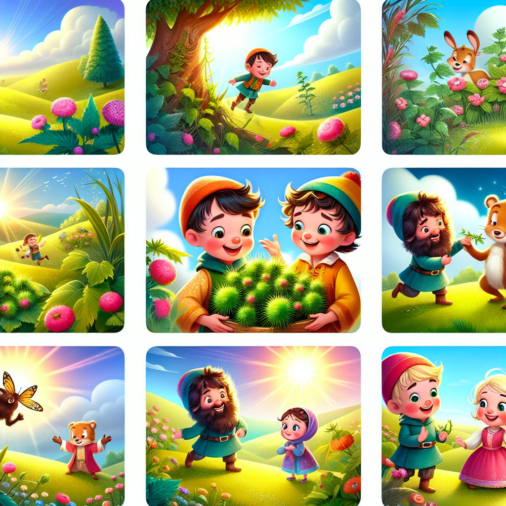 Colorful cartoon storyboard showing 8 key scenes from The Boy and the Nettles