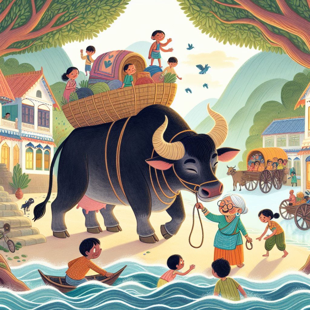 Colorful children's illustration for the story: The Mighty Bull of Benares