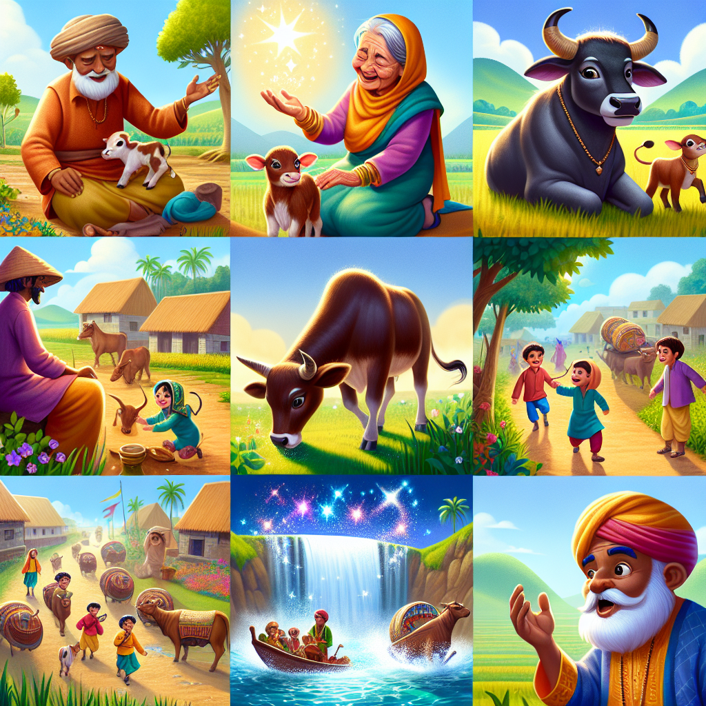 Colorful cartoon storyboard showing 8 key scenes from The Mighty Bull of Benares
