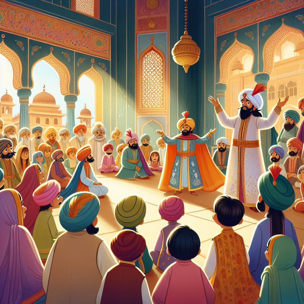 Colorful children's illustration for the story: The Merchant and the Emperor