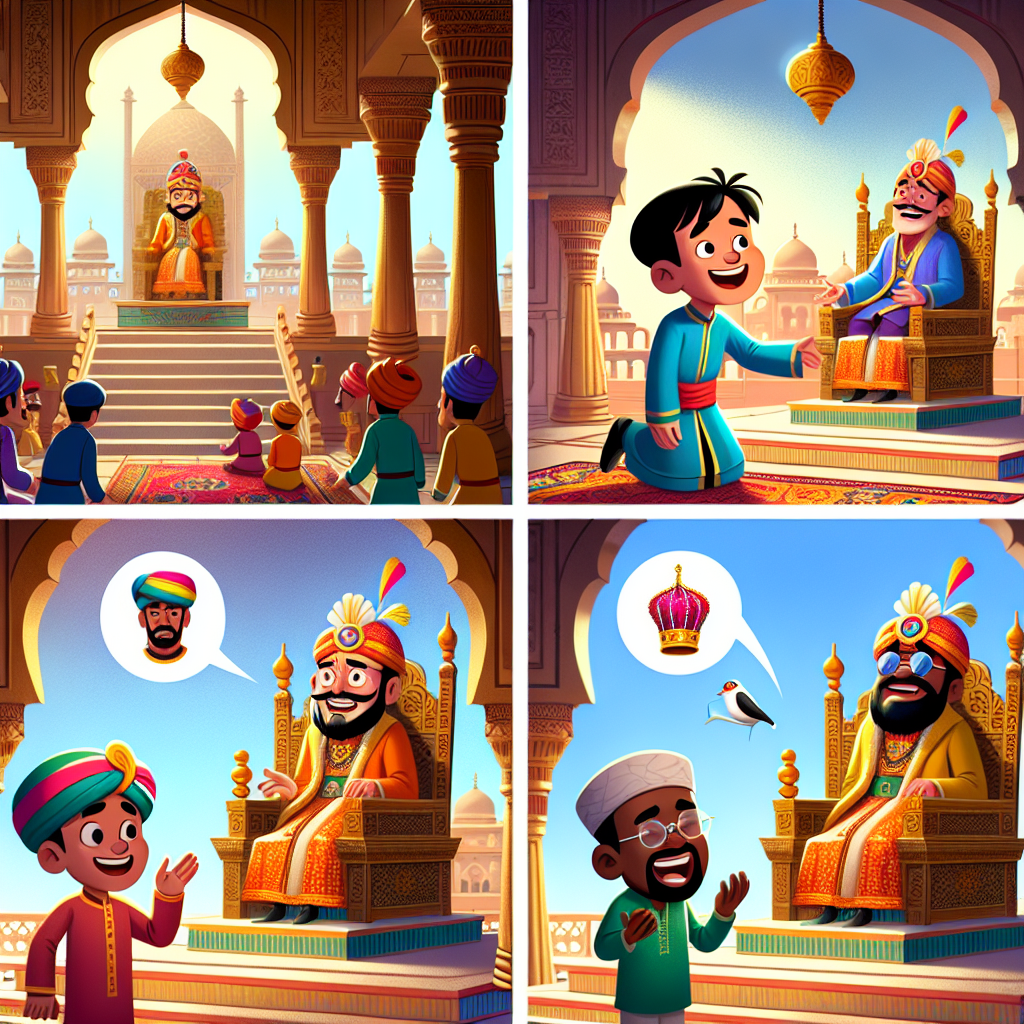 Colorful cartoon storyboard showing 8 key scenes from The Merchant and the Emperor