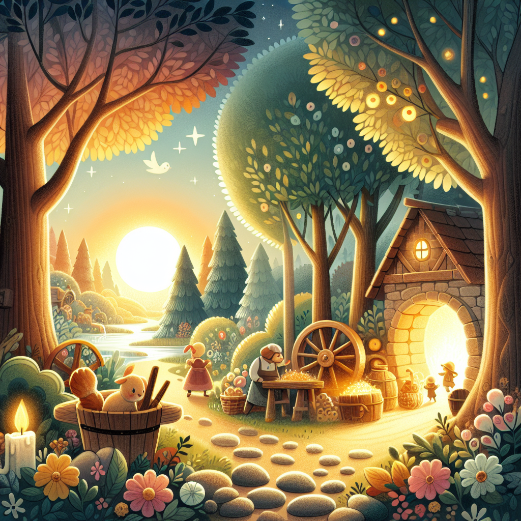 Colorful children's illustration for the story: Hans in the Grindstone