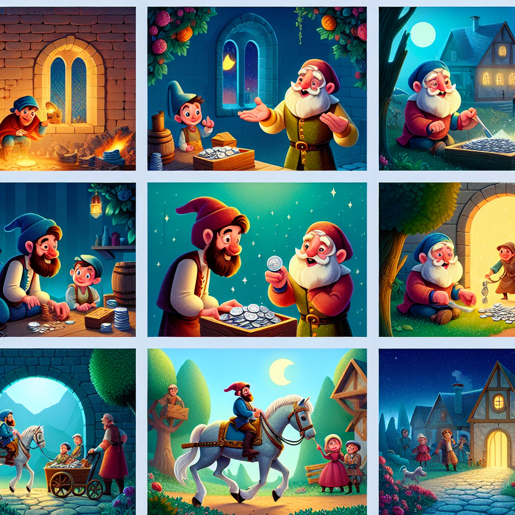 Colorful cartoon storyboard showing 8 key scenes from Hans in the Grindstone