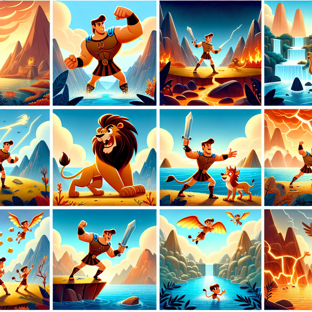 Colorful cartoon storyboard showing 8 key scenes from The Twelve Labors of Hercules