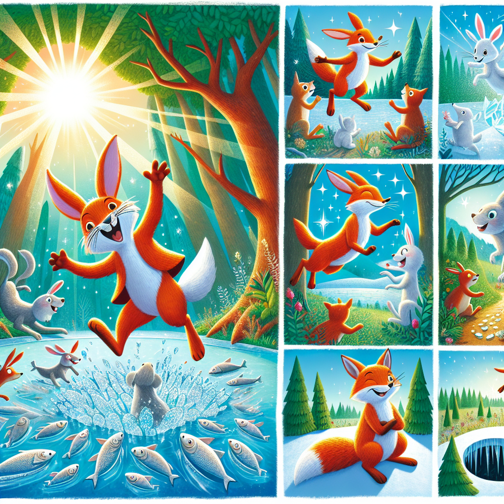 Colorful cartoon storyboard showing 8 key scenes from How Rabbit Lost His Tail