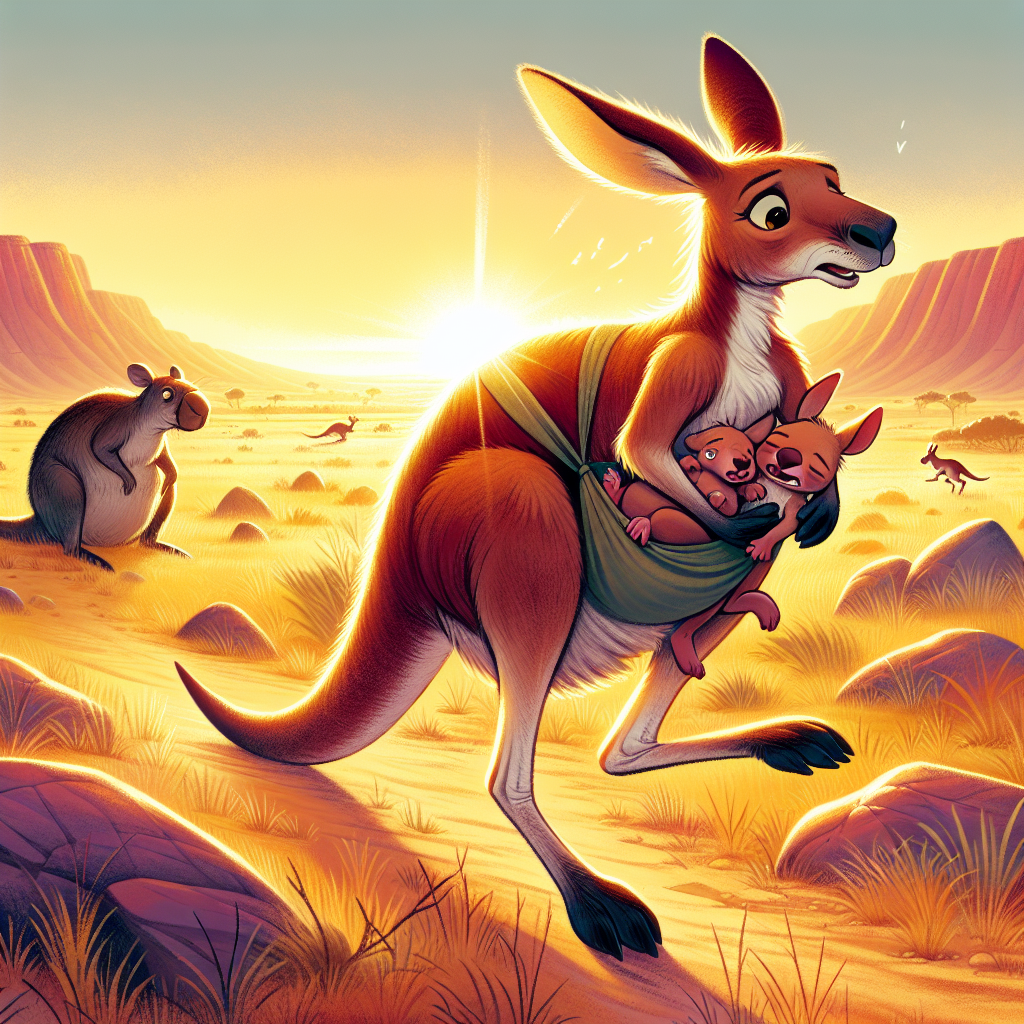 Colorful children's illustration for the story: How the Kangaroo Got Its Pouch