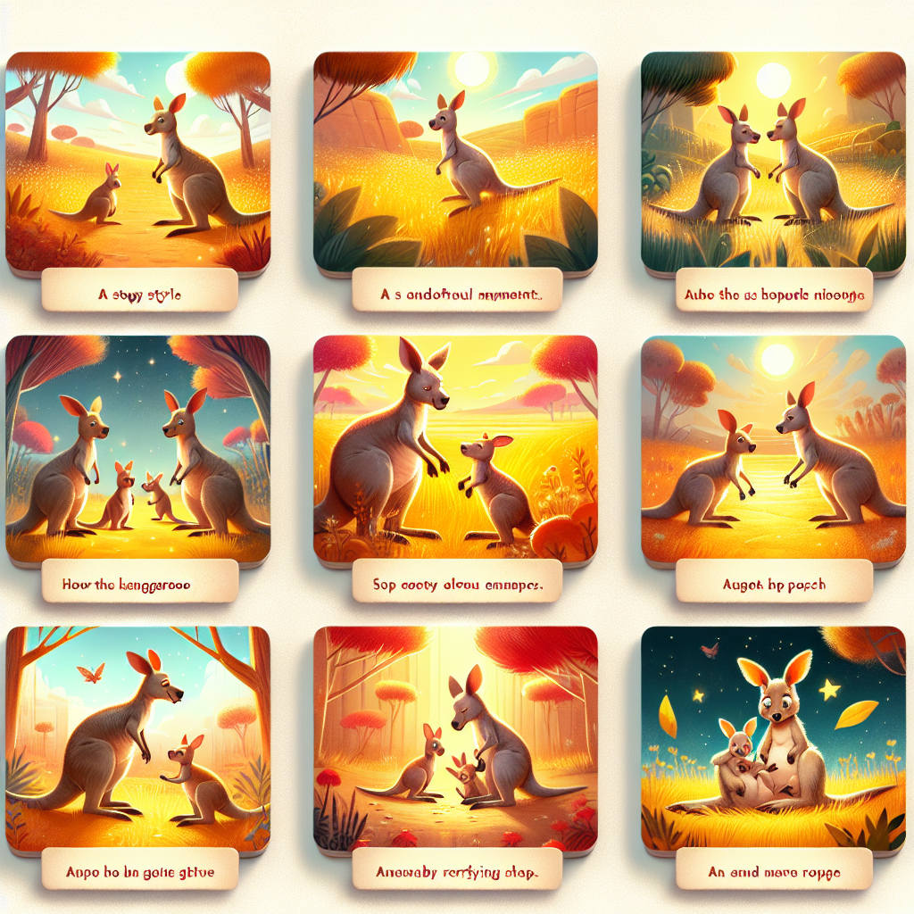Colorful cartoon storyboard showing 8 key scenes from How the Kangaroo Got Its Pouch