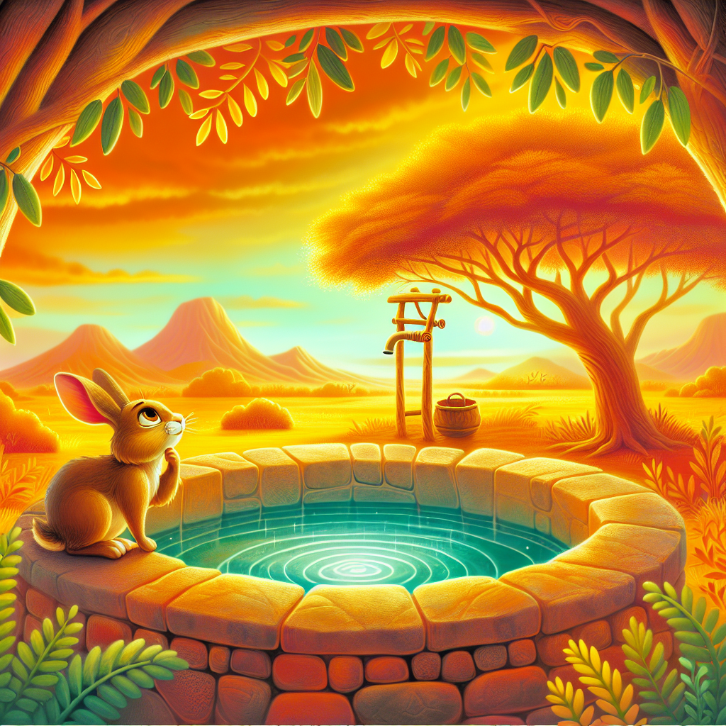 Colorful children's illustration for the story: The Rabbit and the Well