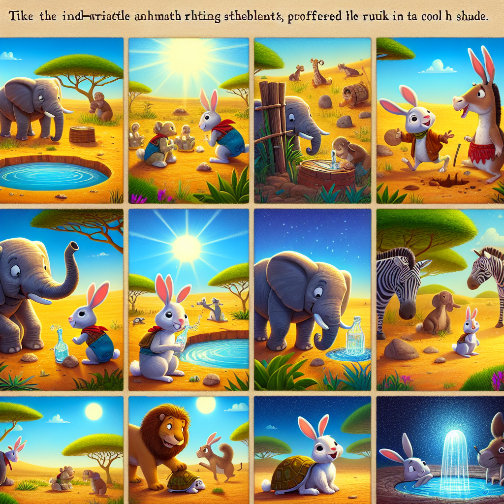 Colorful cartoon storyboard showing 8 key scenes from The Rabbit and the Well