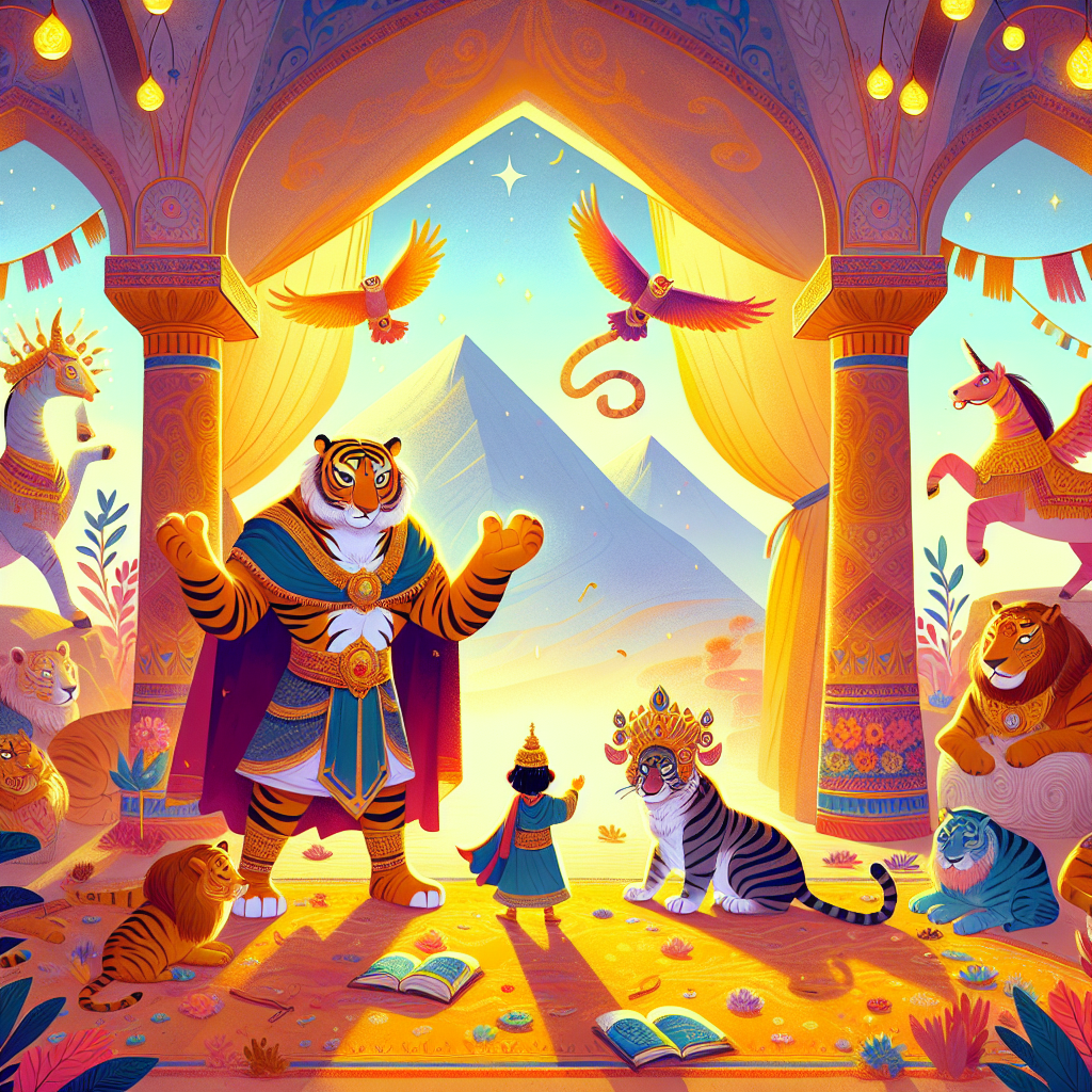 Colorful children's illustration for the story: How the Tiger Got Its Stripes