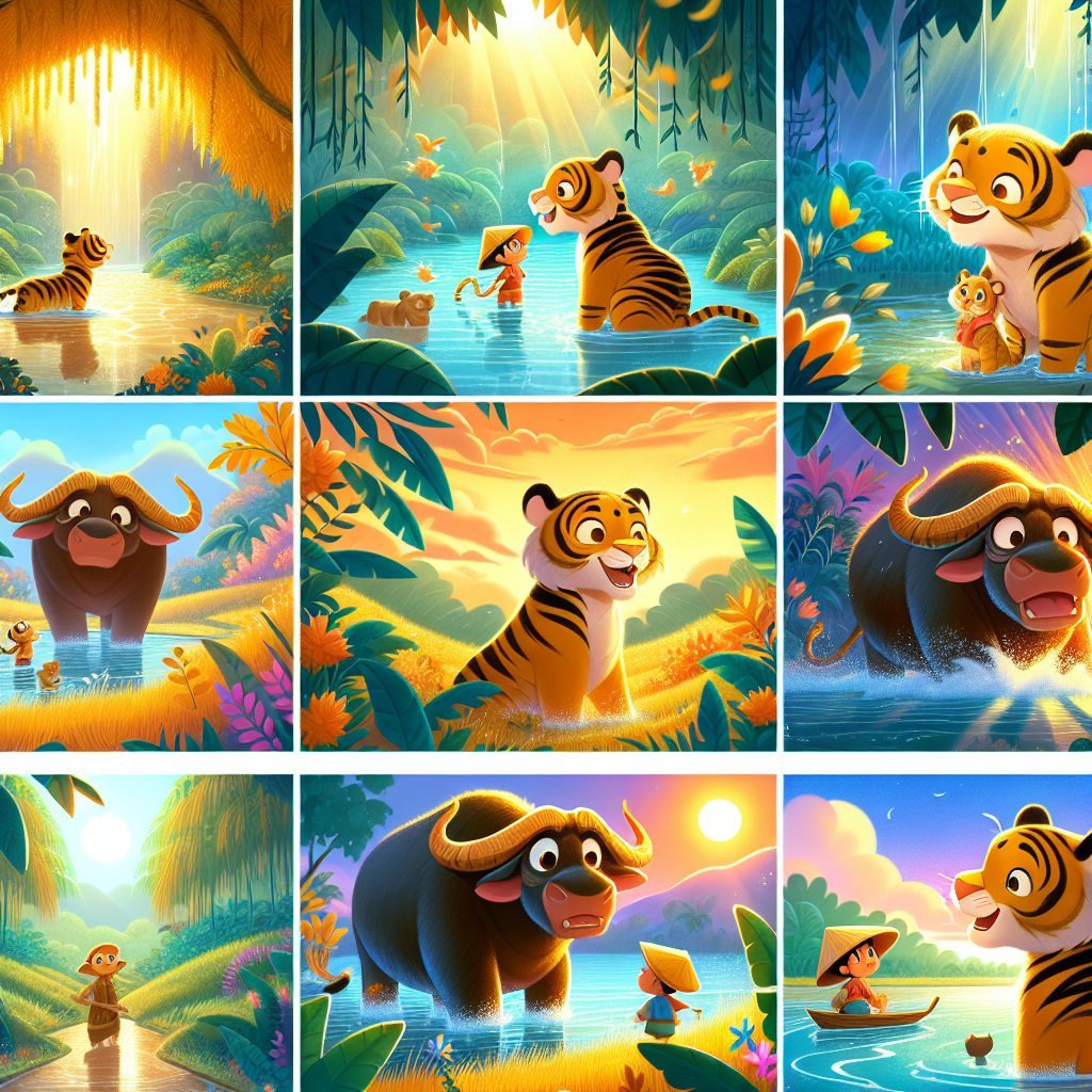 Colorful cartoon storyboard showing 8 key scenes from How the Tiger Got Its Stripes