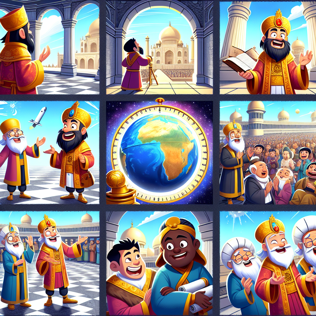 Colorful cartoon storyboard showing 8 key scenes from The World Is Round