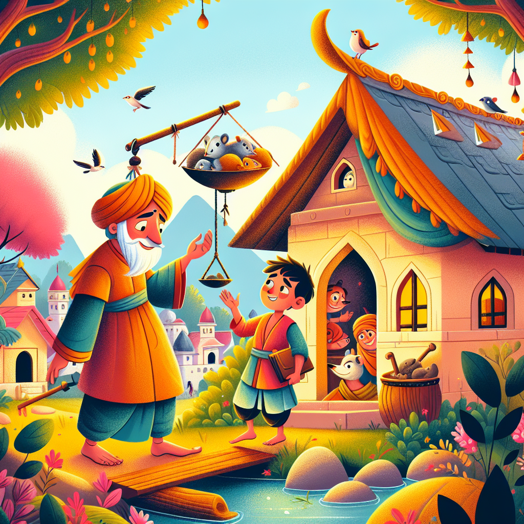 Colorful children's illustration for the story: The Iron Balance