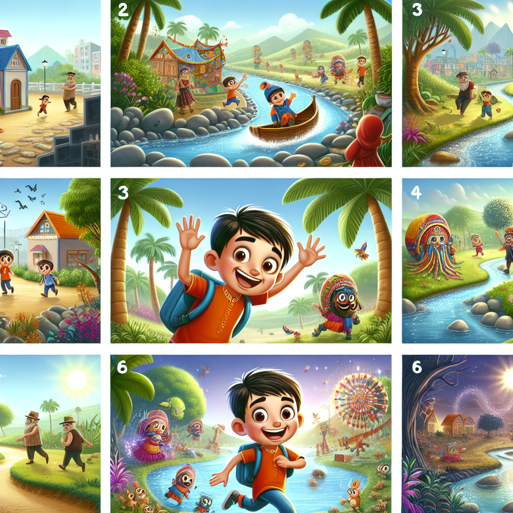Colorful cartoon storyboard showing 8 key scenes from The Iron Balance