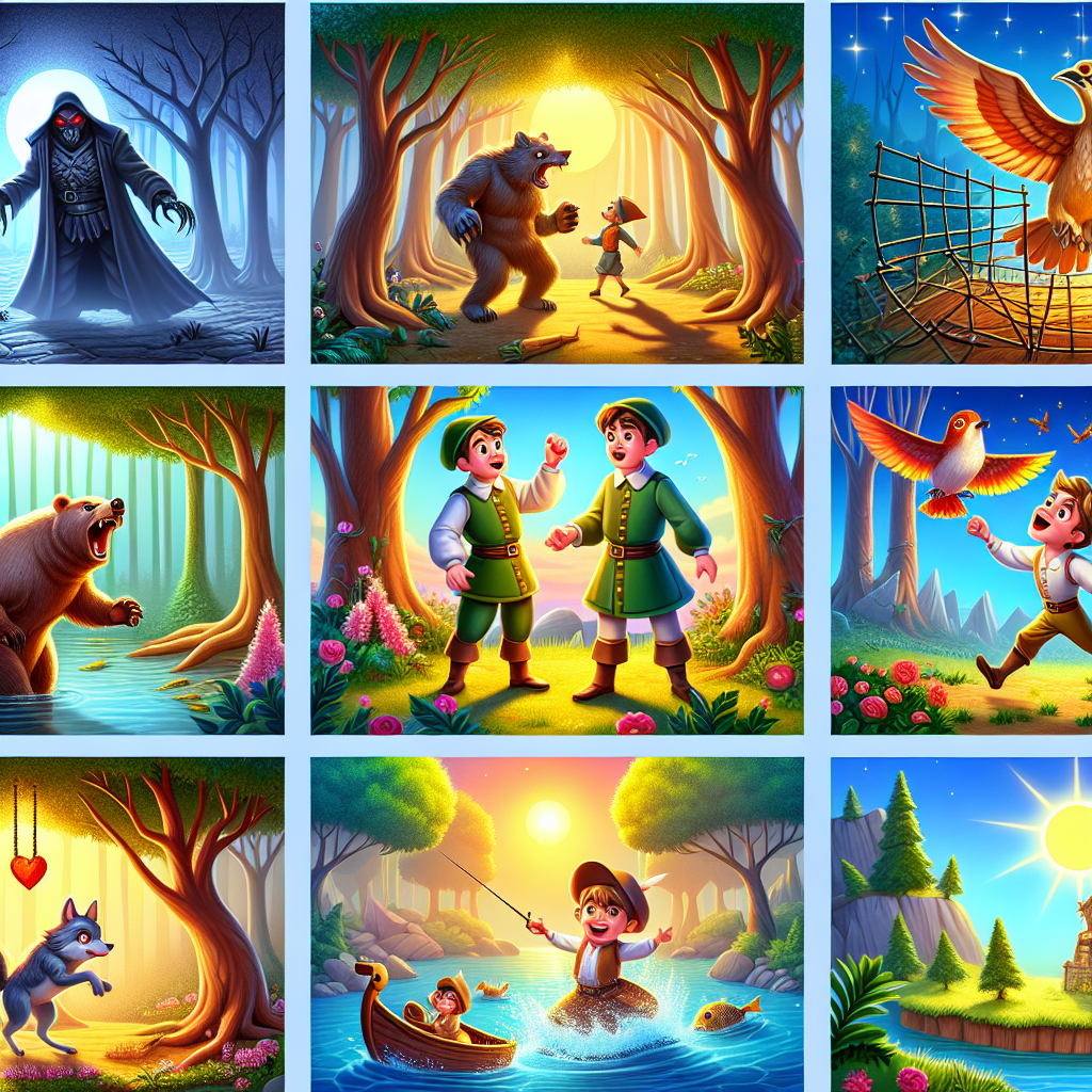 Colorful cartoon storyboard showing 8 key scenes from Koschei the Deathless