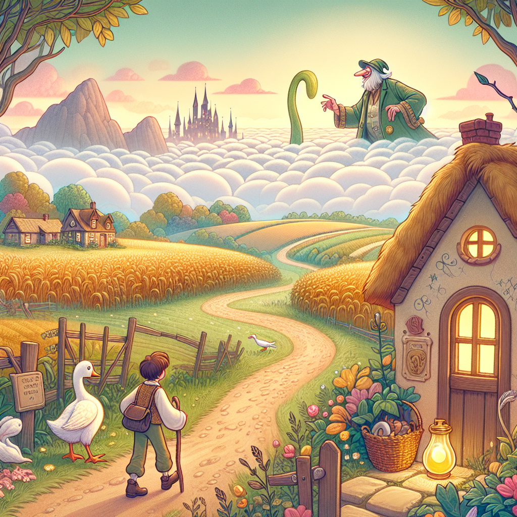 Colorful children's illustration for the story: Jack and the Beanstalk