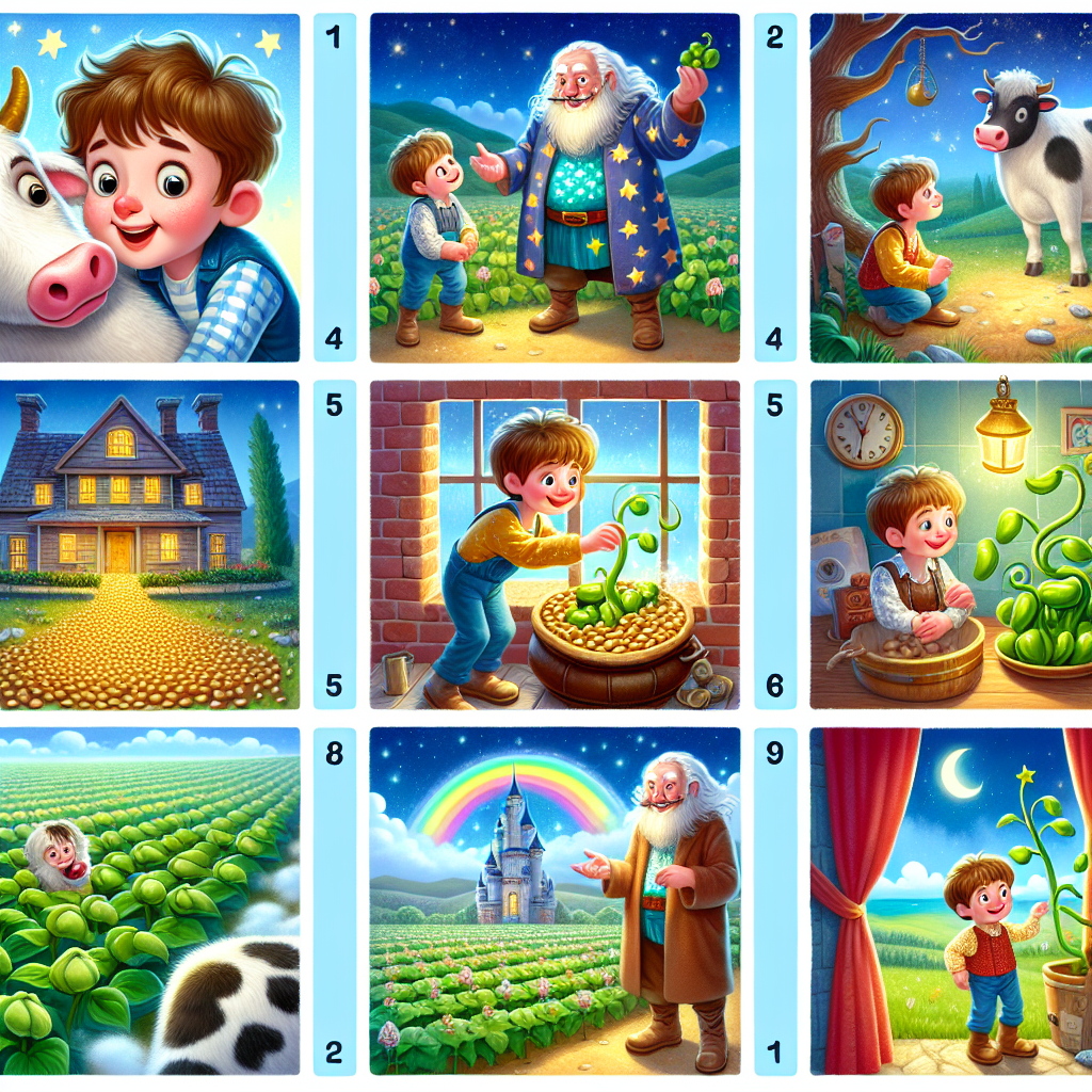 Colorful cartoon storyboard showing 8 key scenes from Jack and the Beanstalk