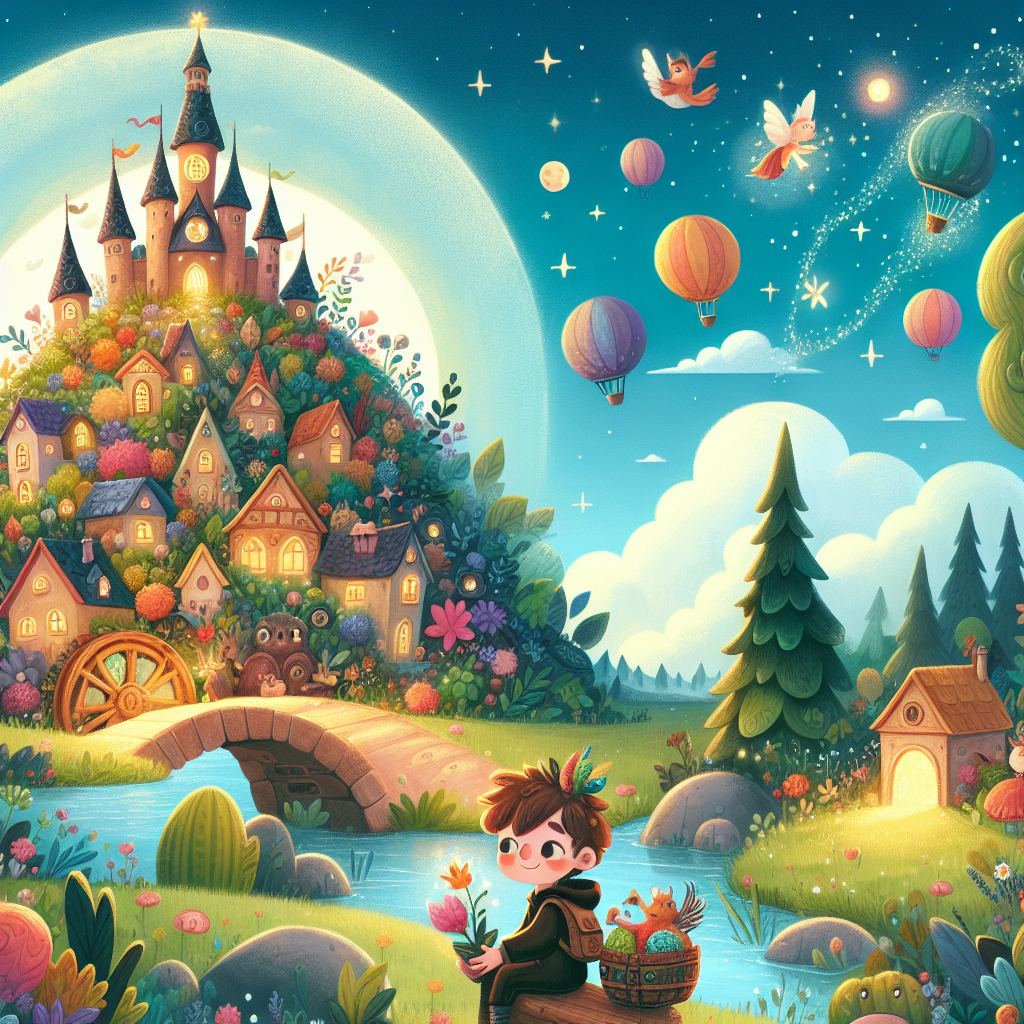 Colorful children's illustration for the story: James and the Giant Peach