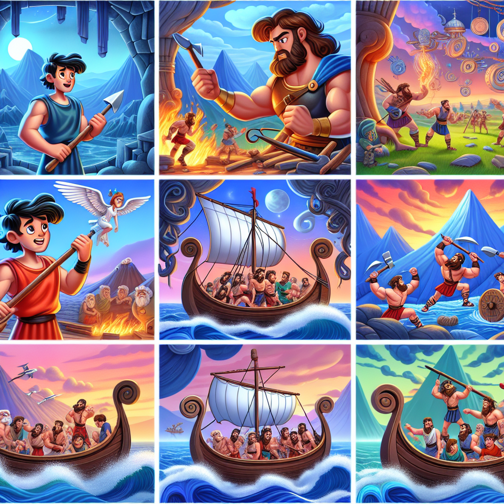 Colorful cartoon storyboard showing 8 key scenes from Jason and the Argonauts