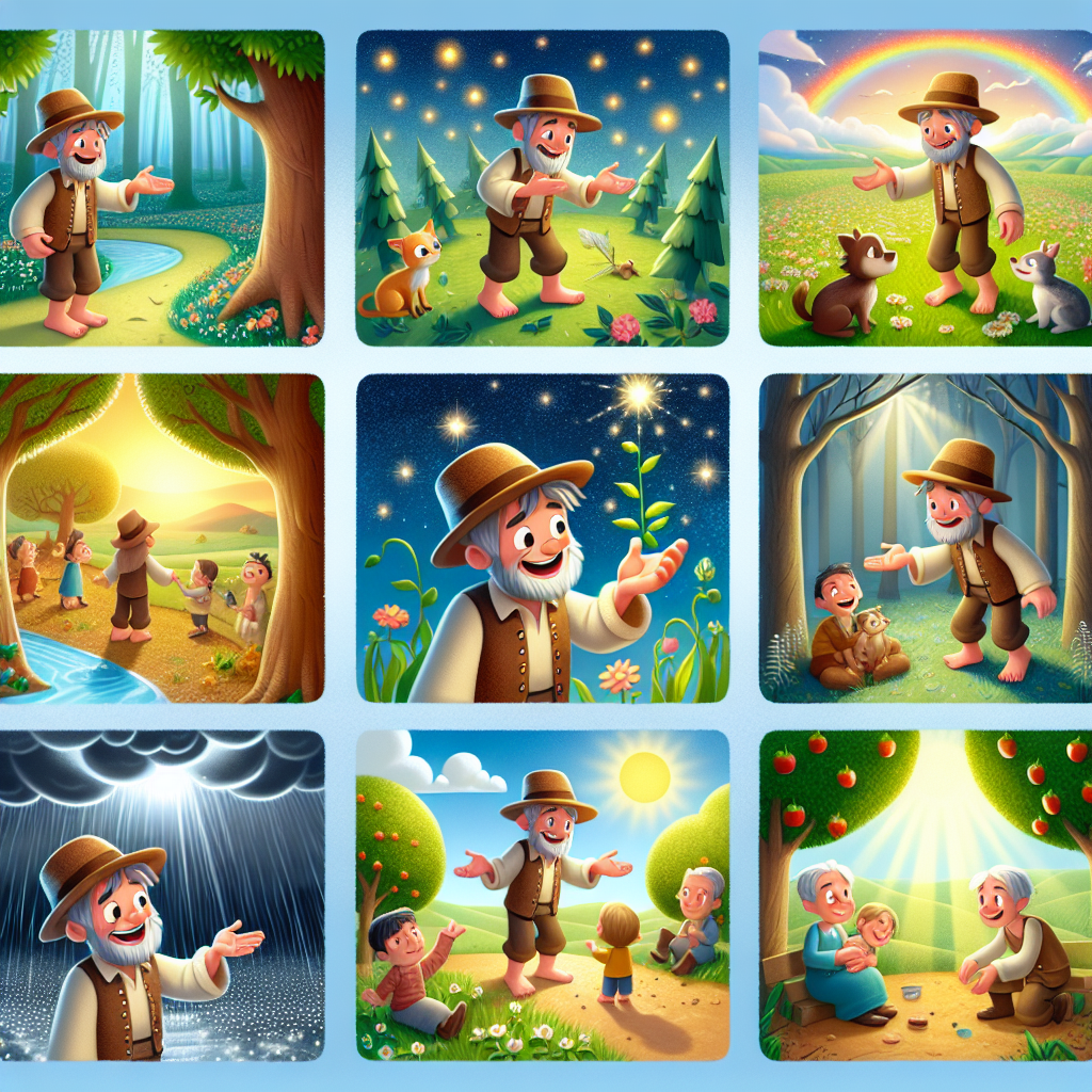 Colorful cartoon storyboard showing 8 key scenes from Johnny Appleseed