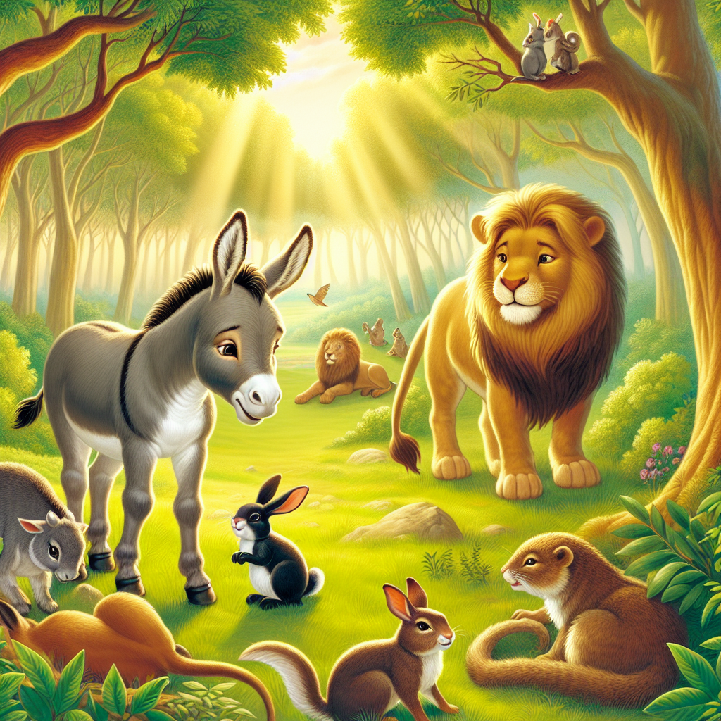 Colorful children's illustration for the story: The Dogs and the Lion's Skin