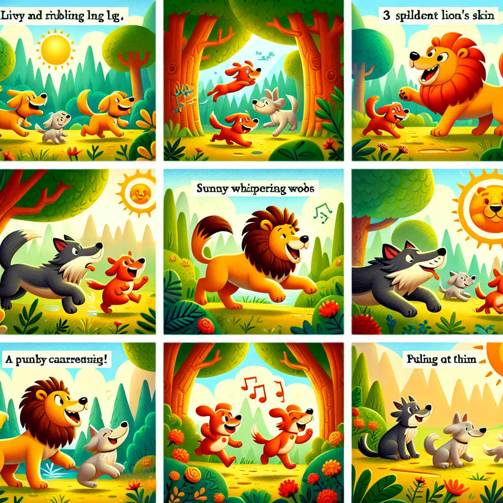 Colorful cartoon storyboard showing 8 key scenes from The Dogs and the Lion's Skin