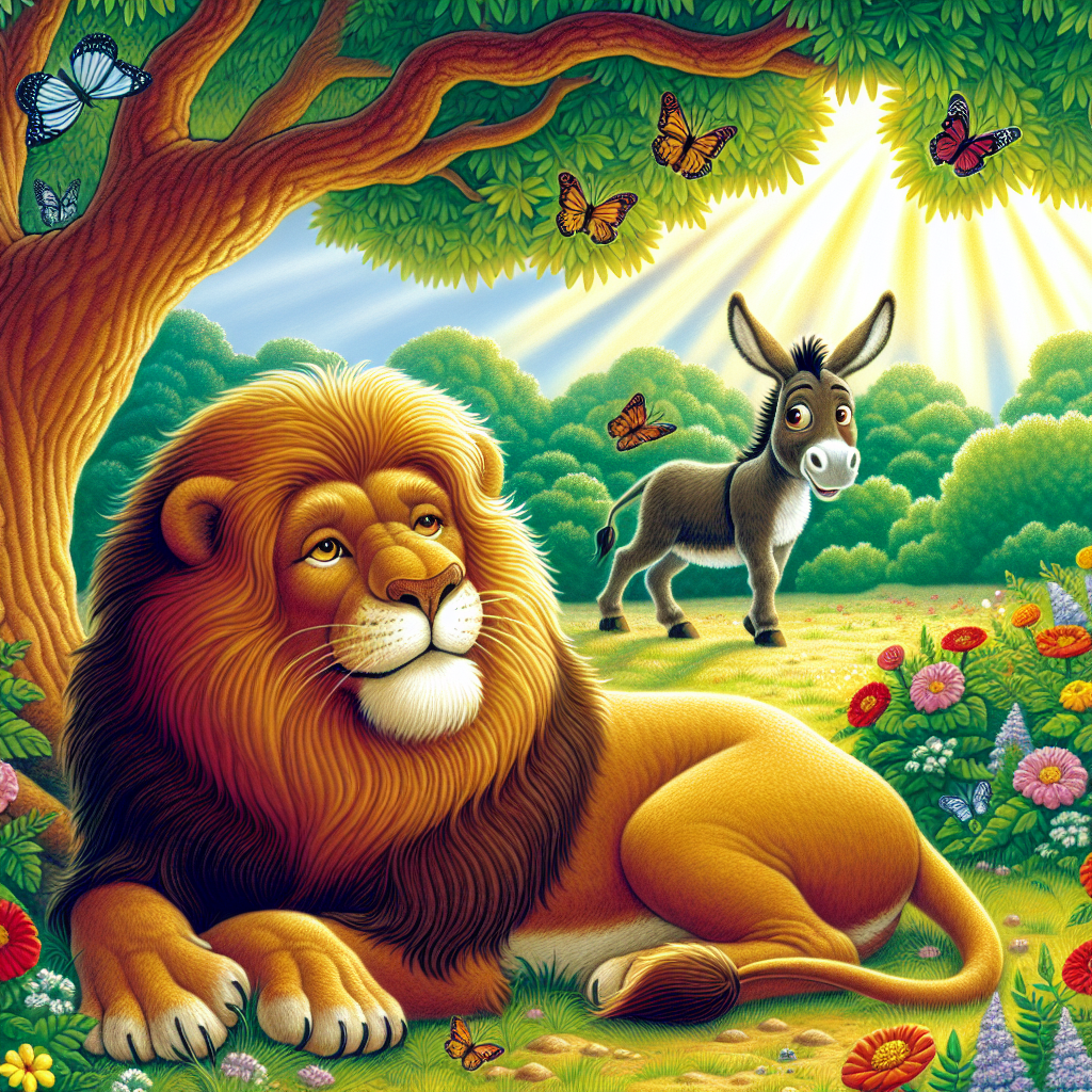 Colorful children's illustration for the story: The Lion's Skin