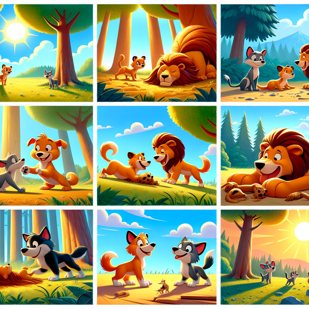 Colorful cartoon storyboard showing 8 key scenes from The Lion's Skin