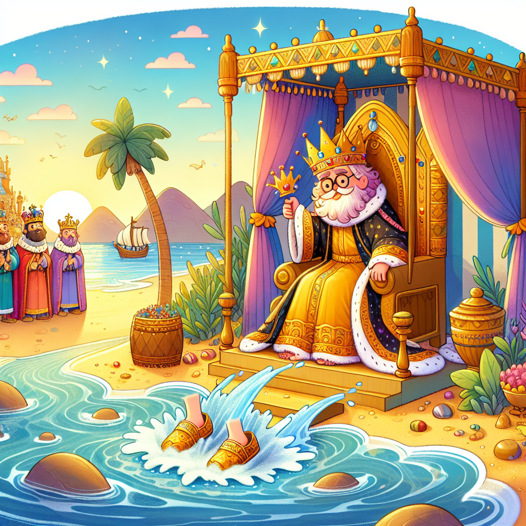 Colorful children's illustration for the story: King Canute and the Tide