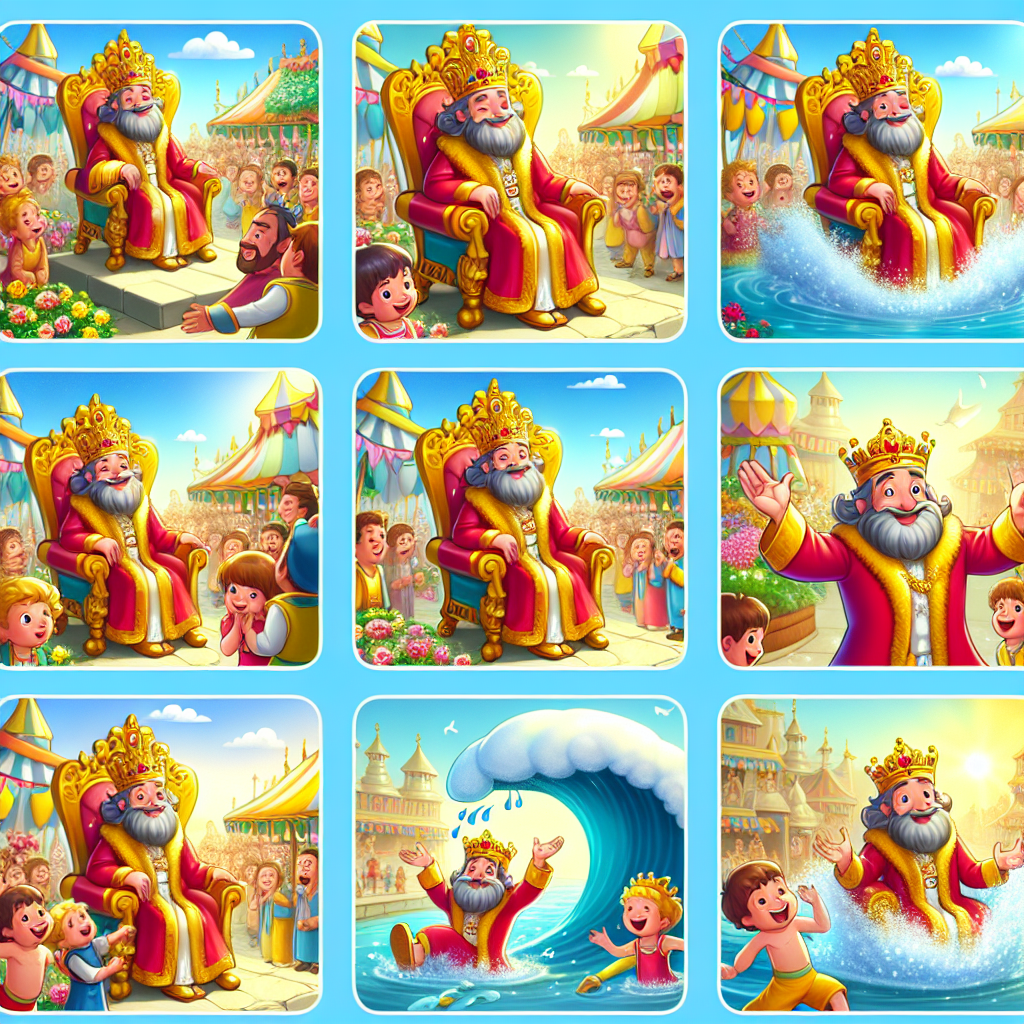 Colorful cartoon storyboard showing 8 key scenes from King Canute and the Tide