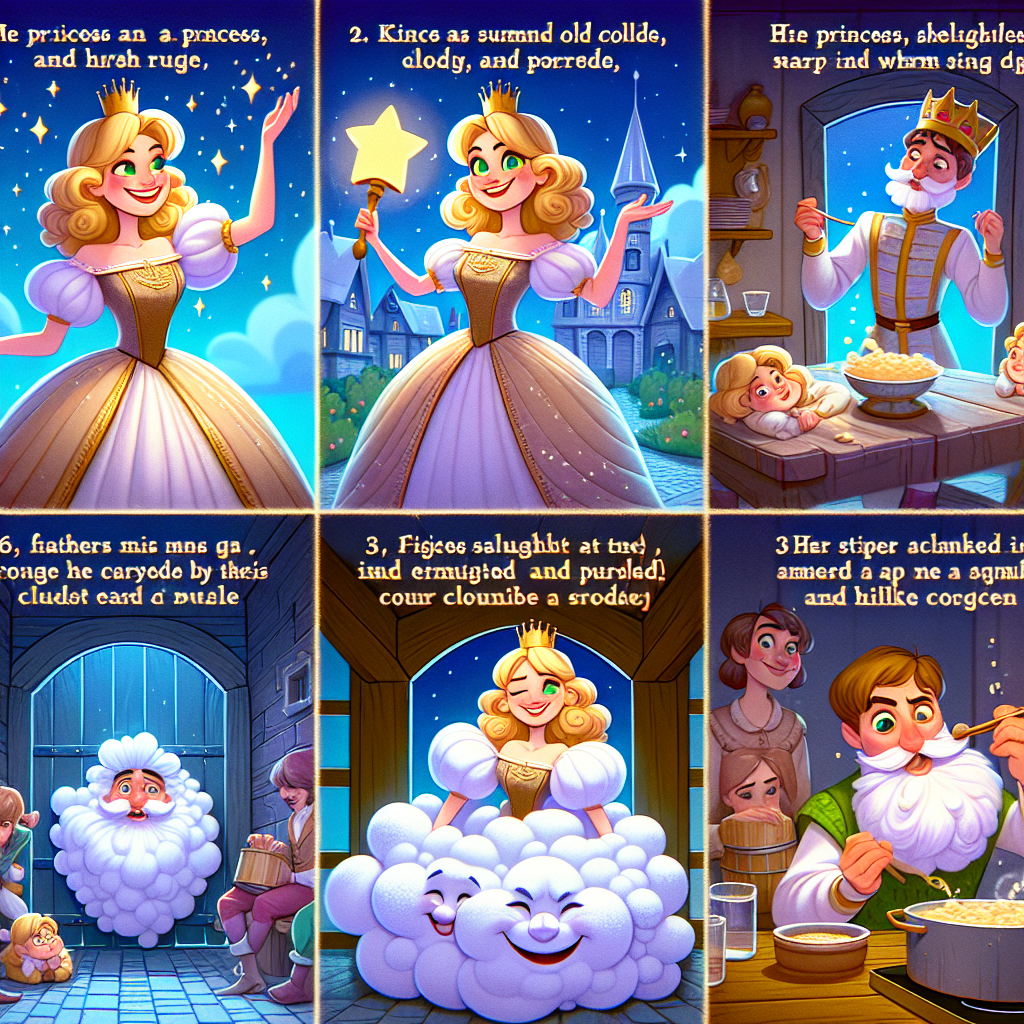 Colorful cartoon storyboard showing 8 key scenes from King Thrushbeard
