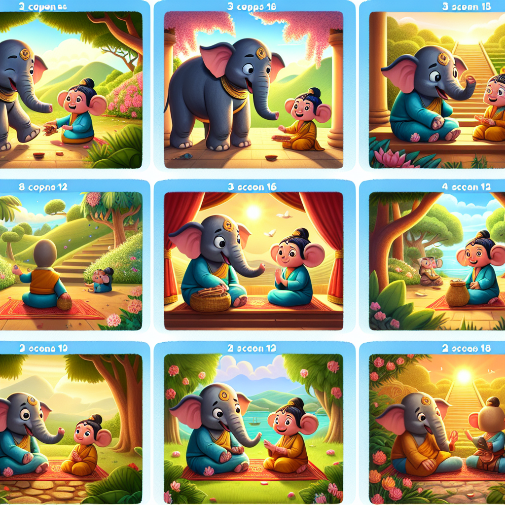 Colorful cartoon storyboard showing 8 key scenes from The Elephant and the Keeper