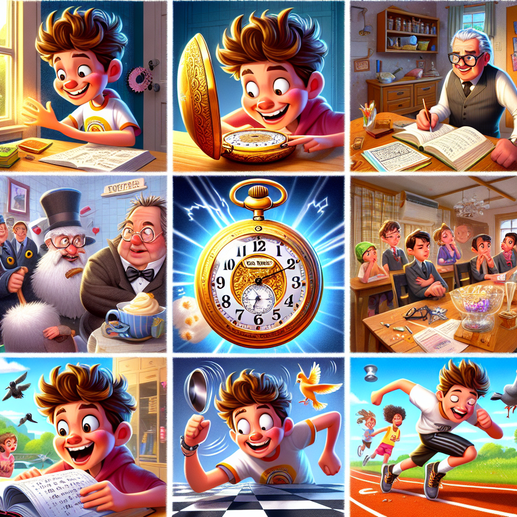Colorful cartoon storyboard showing 8 key scenes from Max and the Magic Pocket Watch