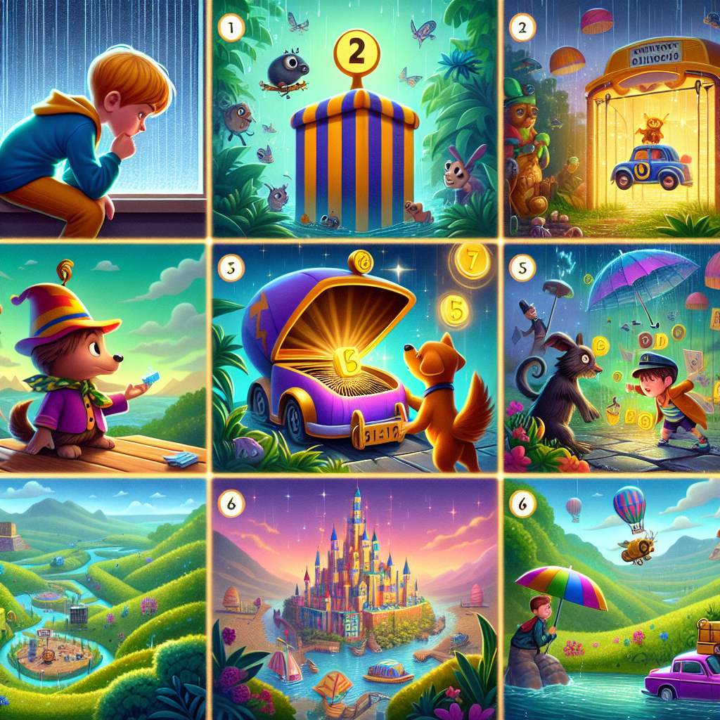 Colorful cartoon storyboard showing 8 key scenes from Milo and the Land of Lost Wonder