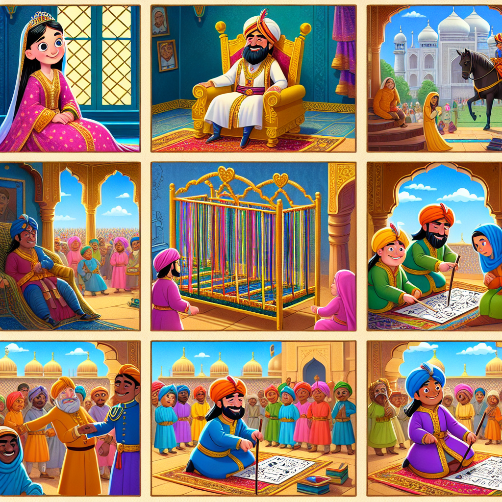 Colorful cartoon storyboard showing 8 key scenes from The Blind Man and the Elephant