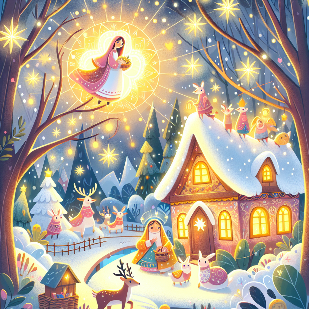 Colorful children's illustration for the story: Mother Holle