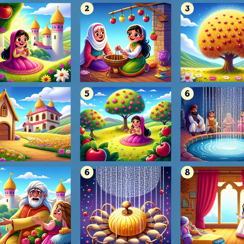 Colorful cartoon storyboard showing 8 key scenes from Mother Holle
