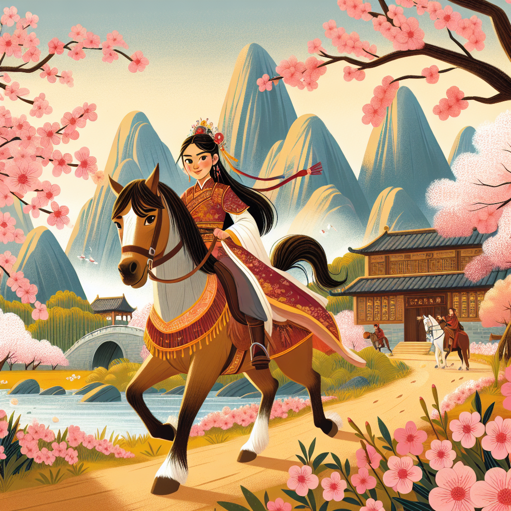 Colorful children's illustration for the story: Mulan