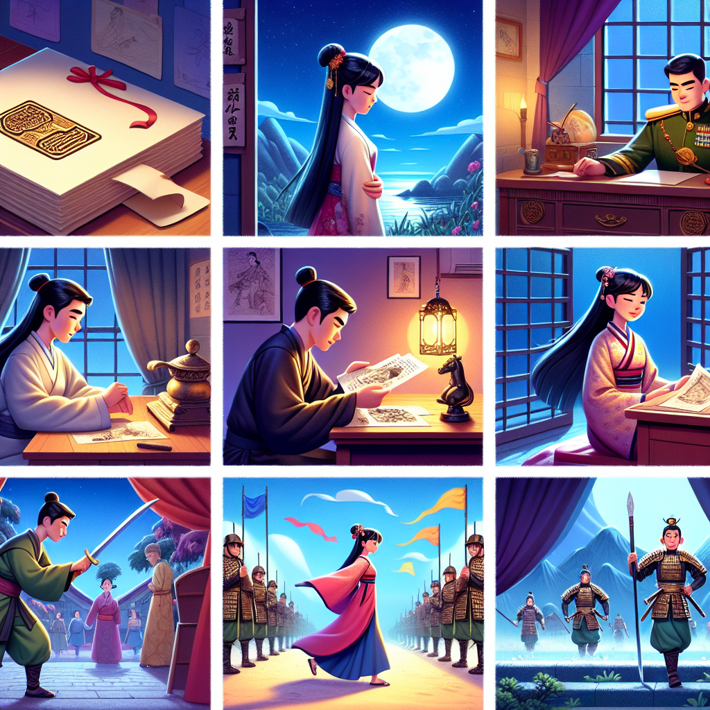 Colorful cartoon storyboard showing 8 key scenes from Mulan