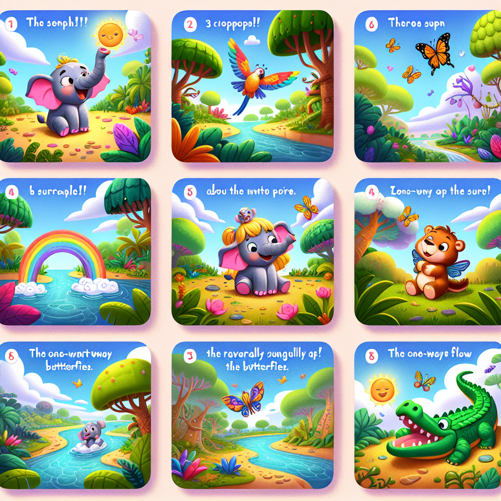 Colorful cartoon storyboard showing 8 key scenes from Nelly and the Elephant's Tiny Nose