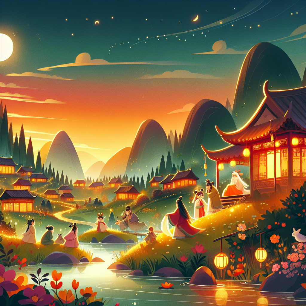 Colorful children's illustration for the story: The Legend of Nian