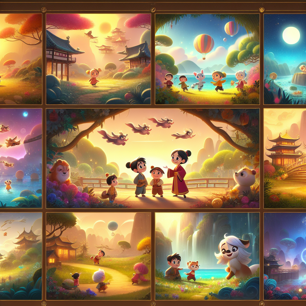 Colorful cartoon storyboard showing 8 key scenes from The Legend of Nian