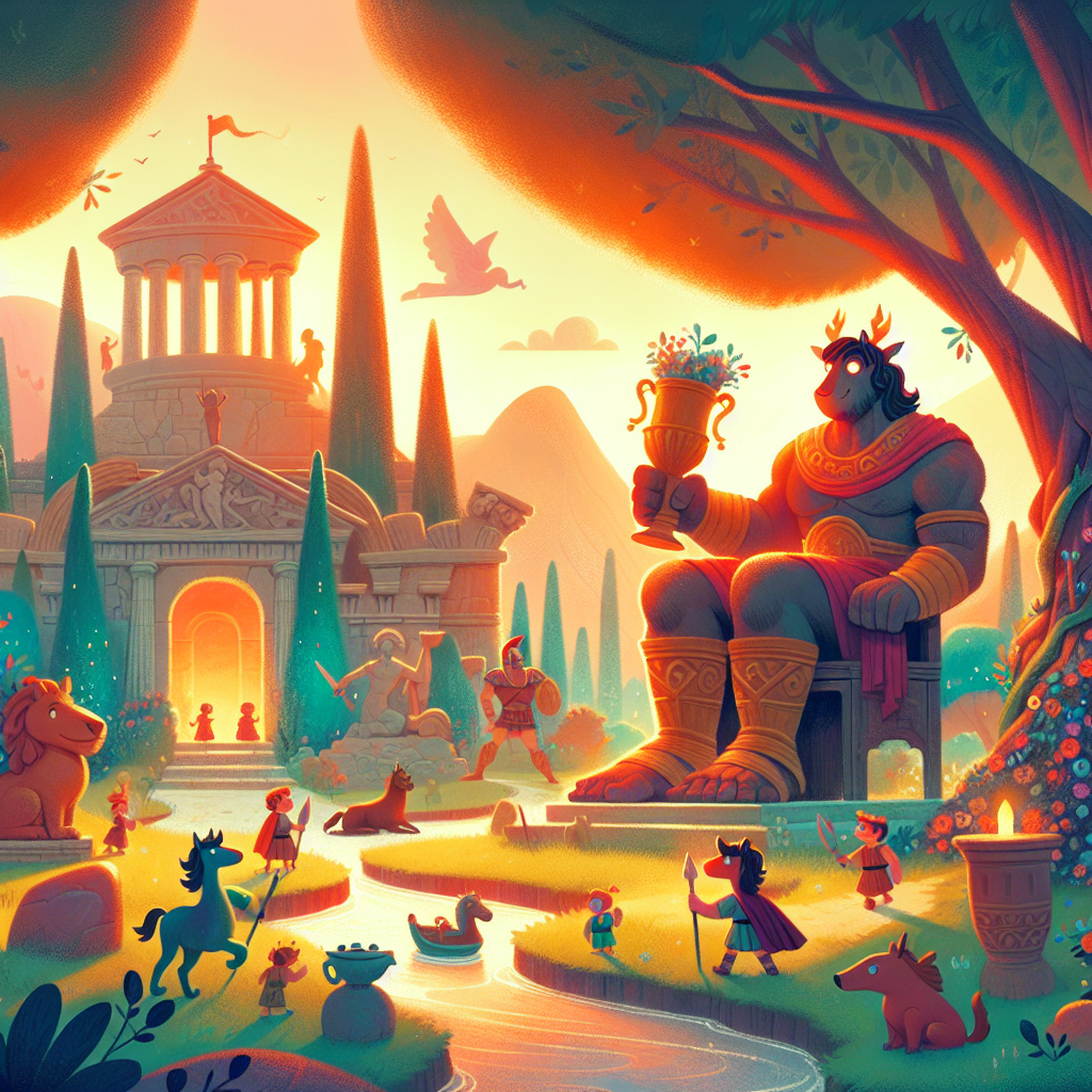 Colorful children's illustration for the story: Oedipus and the Sphinx