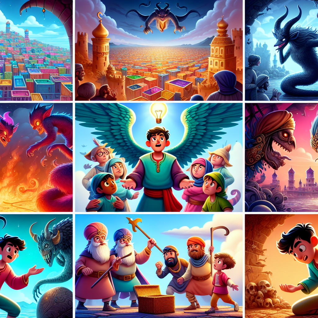 Colorful cartoon storyboard showing 8 key scenes from Oedipus and the Sphinx