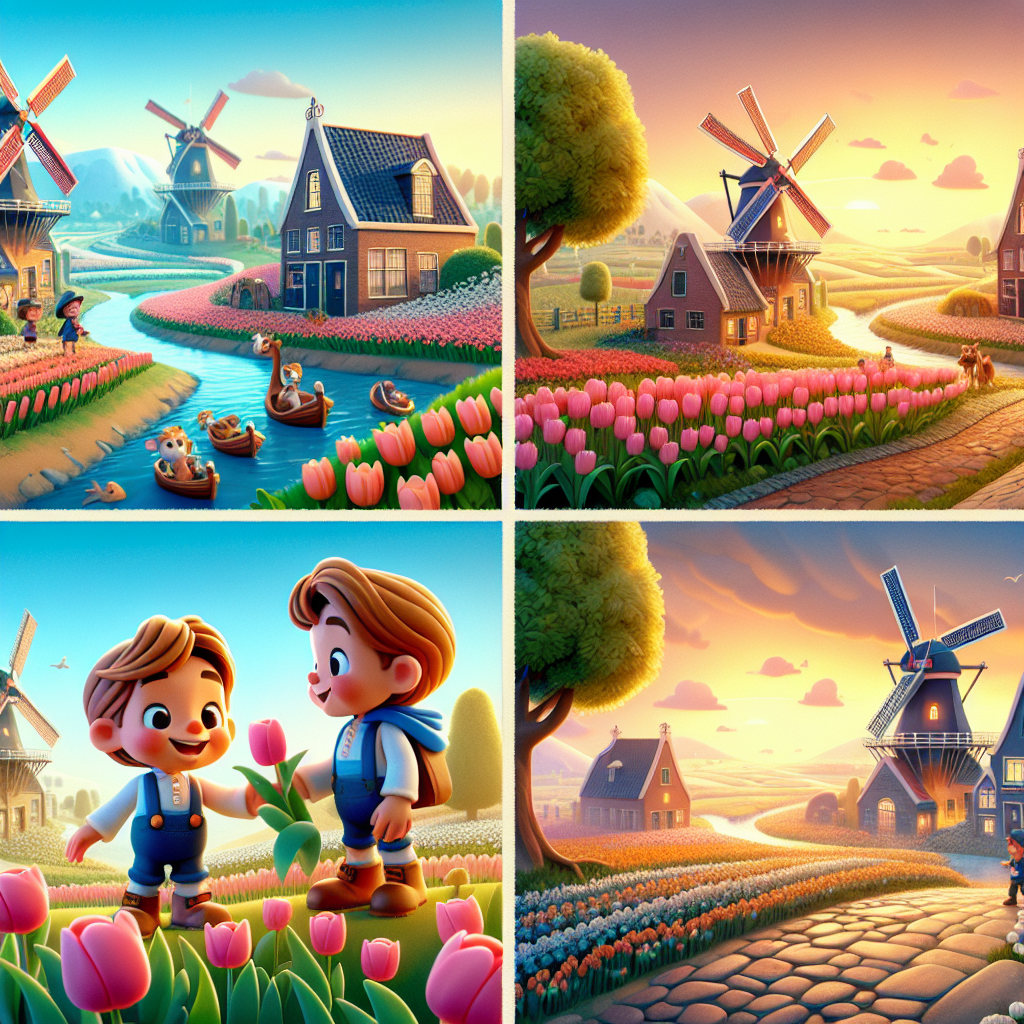 Colorful cartoon storyboard showing 8 key scenes from Peter and the Dike